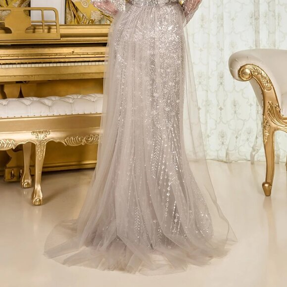 New Dark Silver Rhinestones Embellished Mother Of Bride Mesh Dress GL3705 - Picture 16 of 16